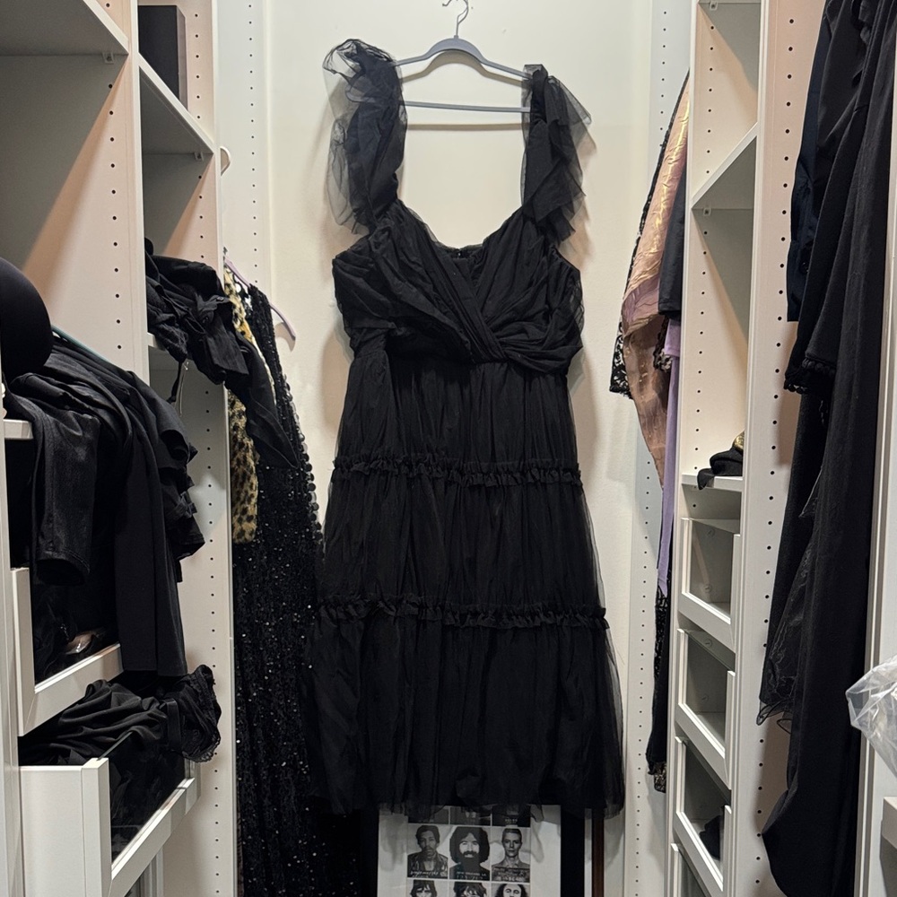 Eloquii Black long Dress with Ruffle Straps. Toile fabric with slip insert